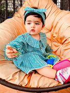 Girls Aqua Striped Eton Collar Tiered Dress