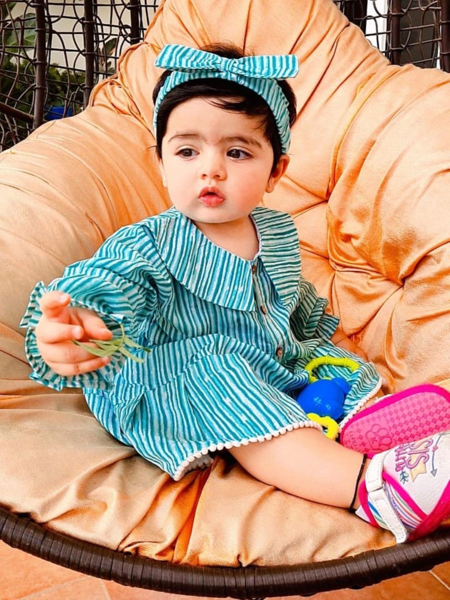 Girls Aqua Striped Eton Collar Tiered Dress