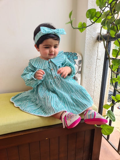 Girls Aqua Striped Eton Collar Tiered Dress