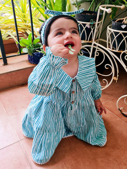 Girls Aqua Striped Eton Collar Tiered Dress