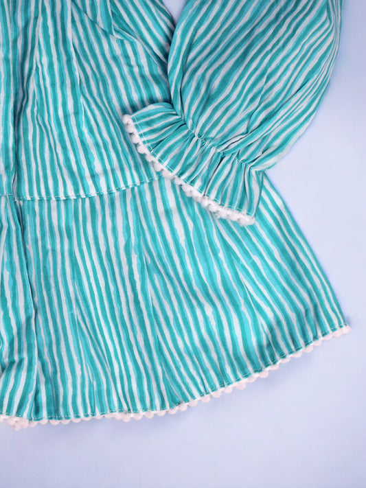 Girls Aqua Striped Eton Collar Tiered Dress