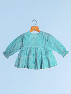 Girls Aqua Striped Eton Collar Tiered Dress