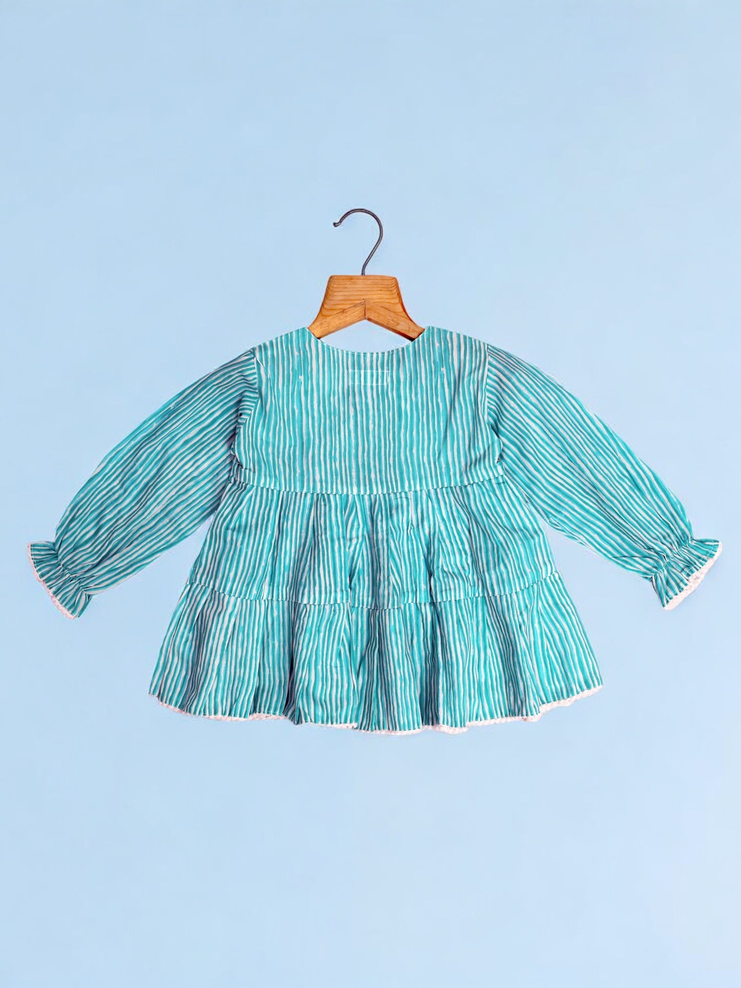 Girls Aqua Striped Eton Collar Tiered Dress