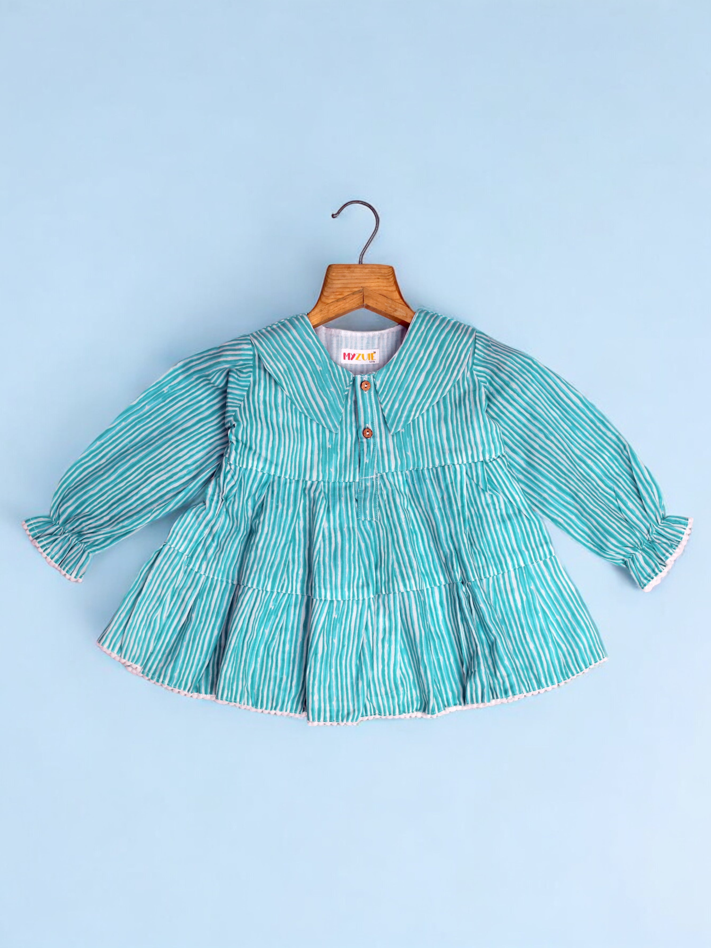 Girls Aqua Striped Eton Collar Tiered Dress