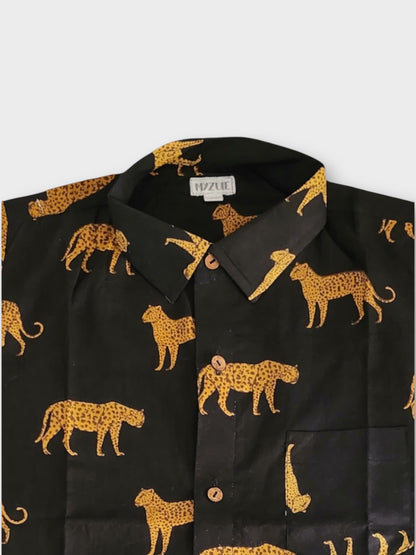 Boys Black Jaguar Half Sleeves Spread Collar Shirt