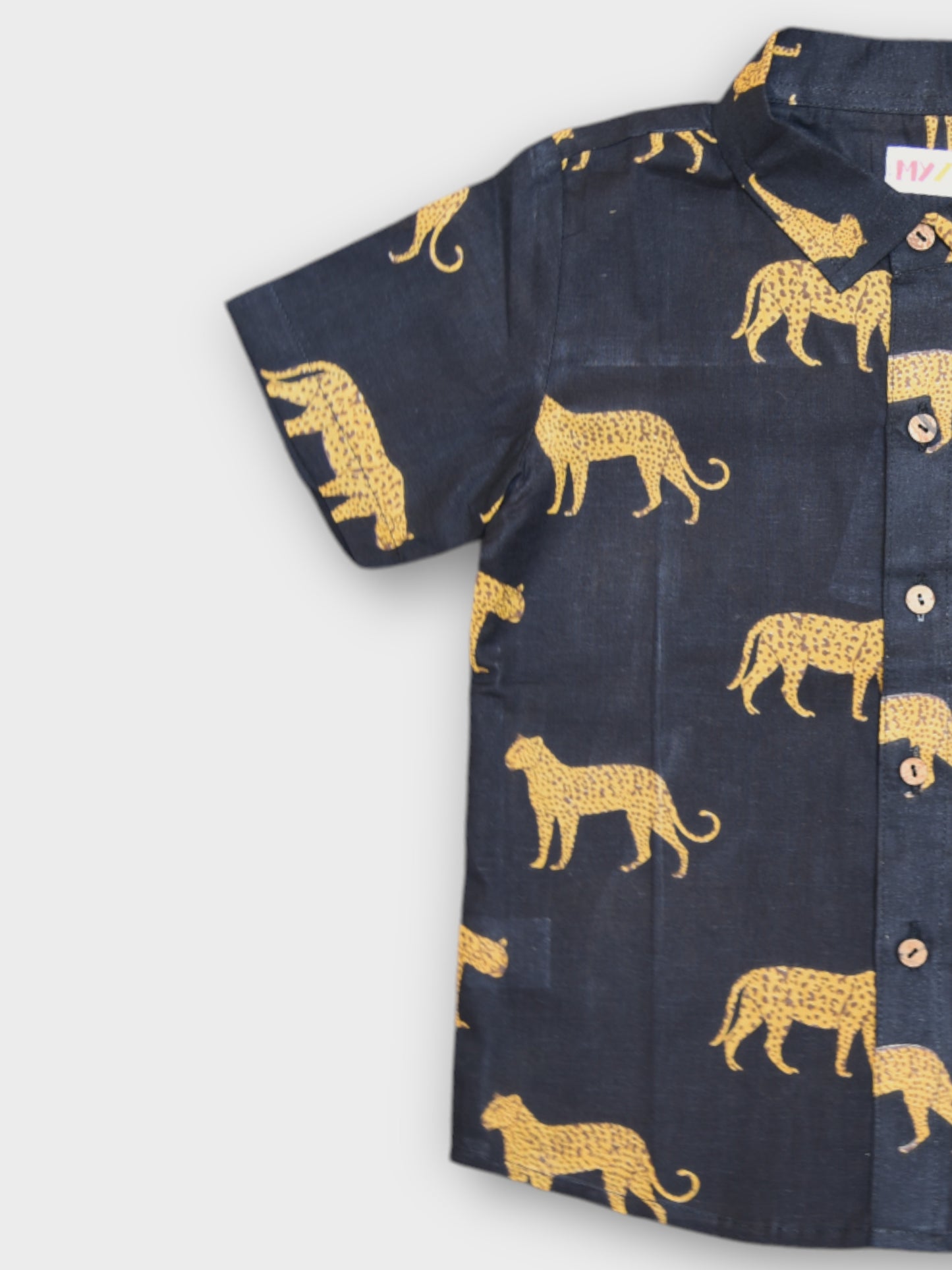 Boys Black Jaguar Half Sleeves Spread Collar Shirt