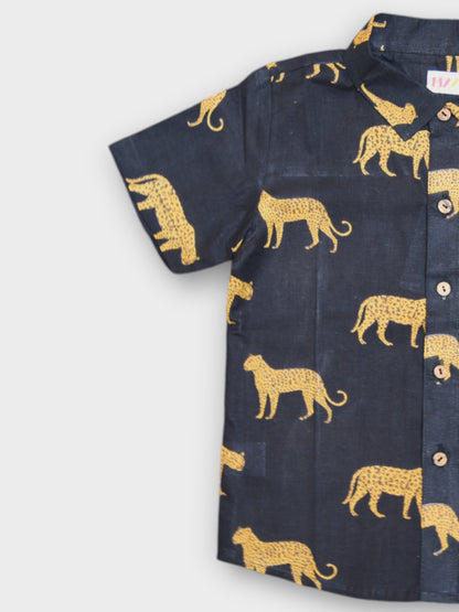 Boys Black Jaguar Half Sleeves Spread Collar Shirt