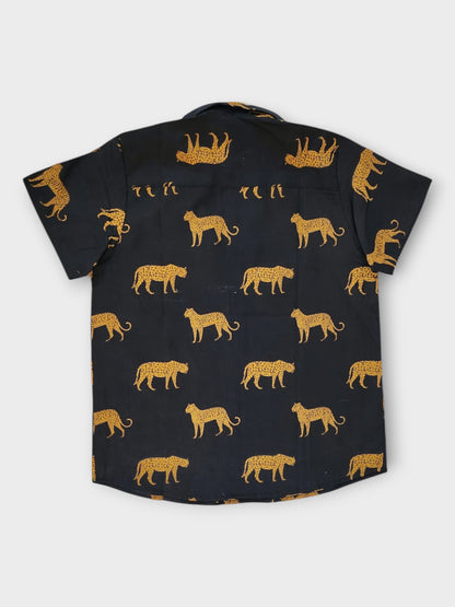 Boys Black Jaguar Half Sleeves Spread Collar Shirt