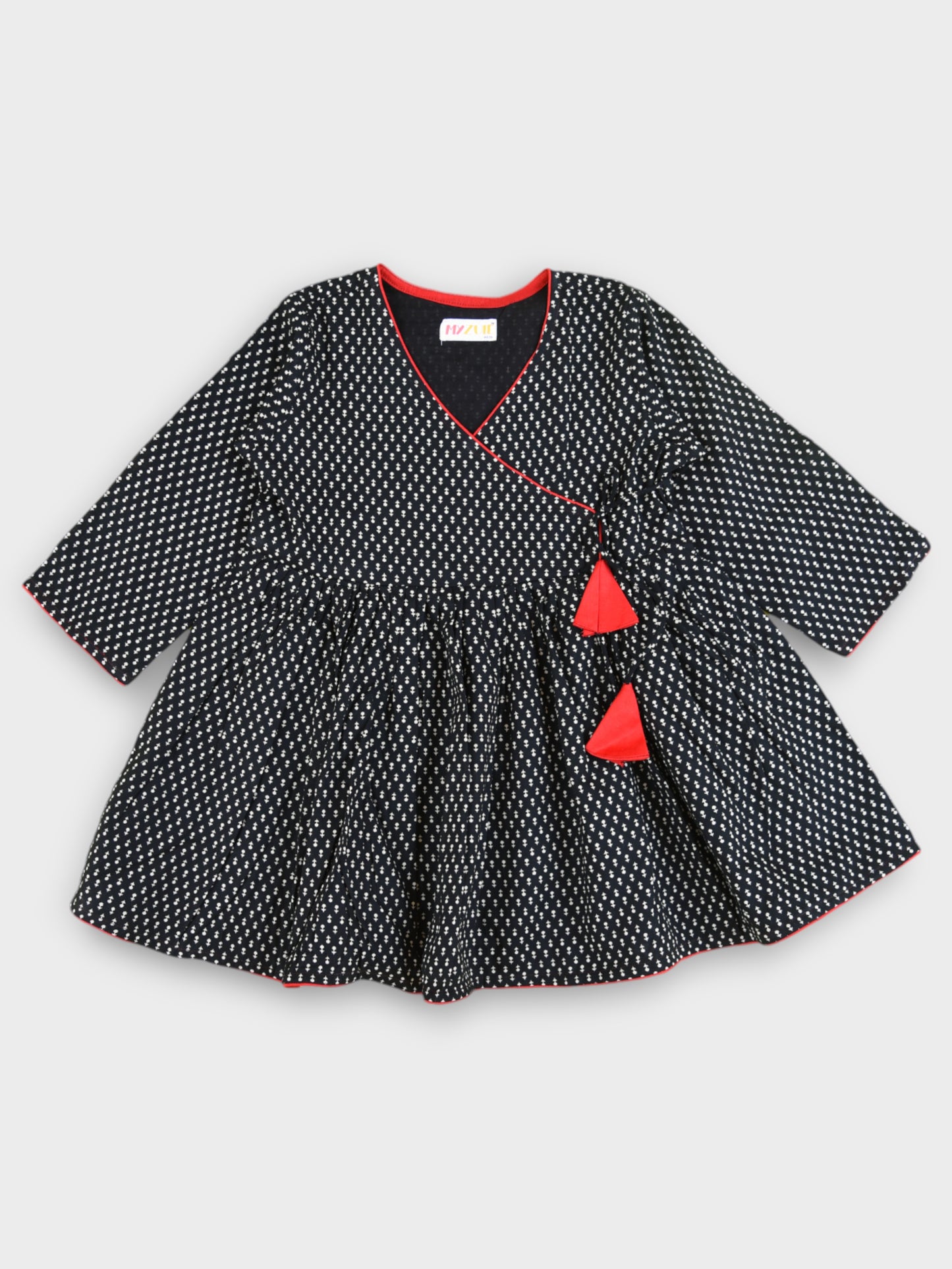 Girls Black Motif Tie Up V-Neck Angrakha Dress