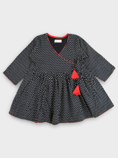 Girls Black Motif Tie Up V-Neck Angrakha Dress