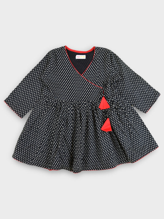 Girls Black Motif Tie Up V-Neck Angrakha Dress