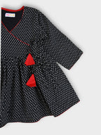 Girls Black Motif Tie Up V-Neck Angrakha Dress