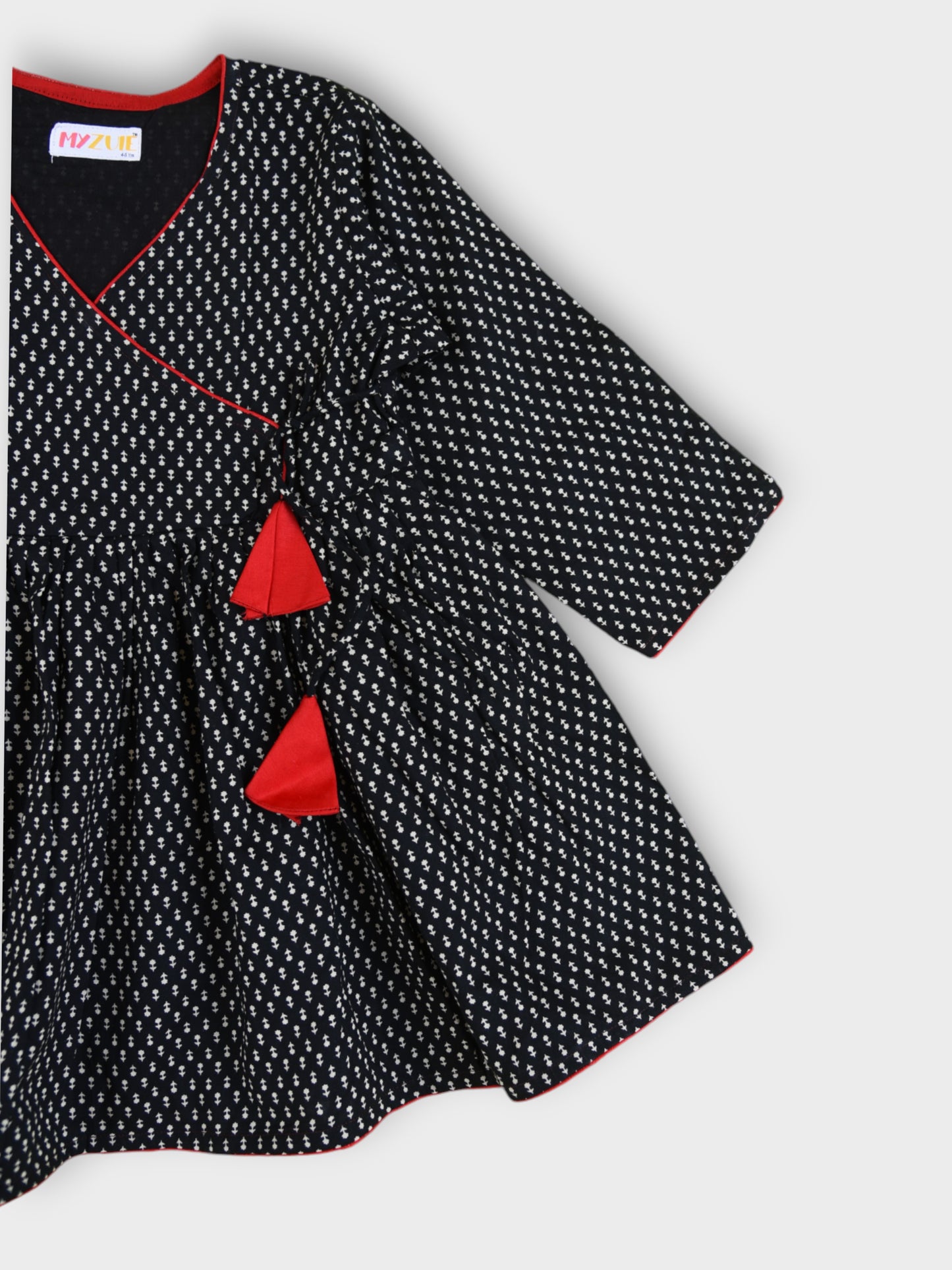 Girls Black Motif Tie Up V-Neck Angrakha Dress