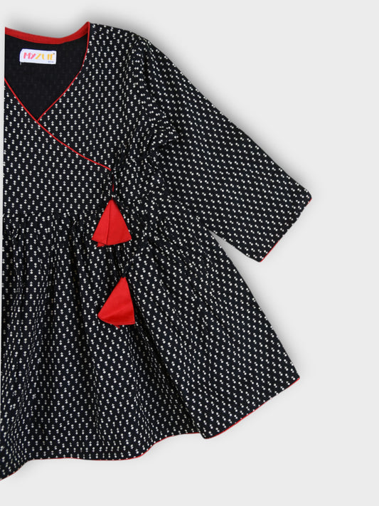 Girls Black Motif Tie Up V-Neck Angrakha Dress