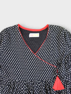 Girls Black Motif Tie Up V-Neck Angrakha Dress