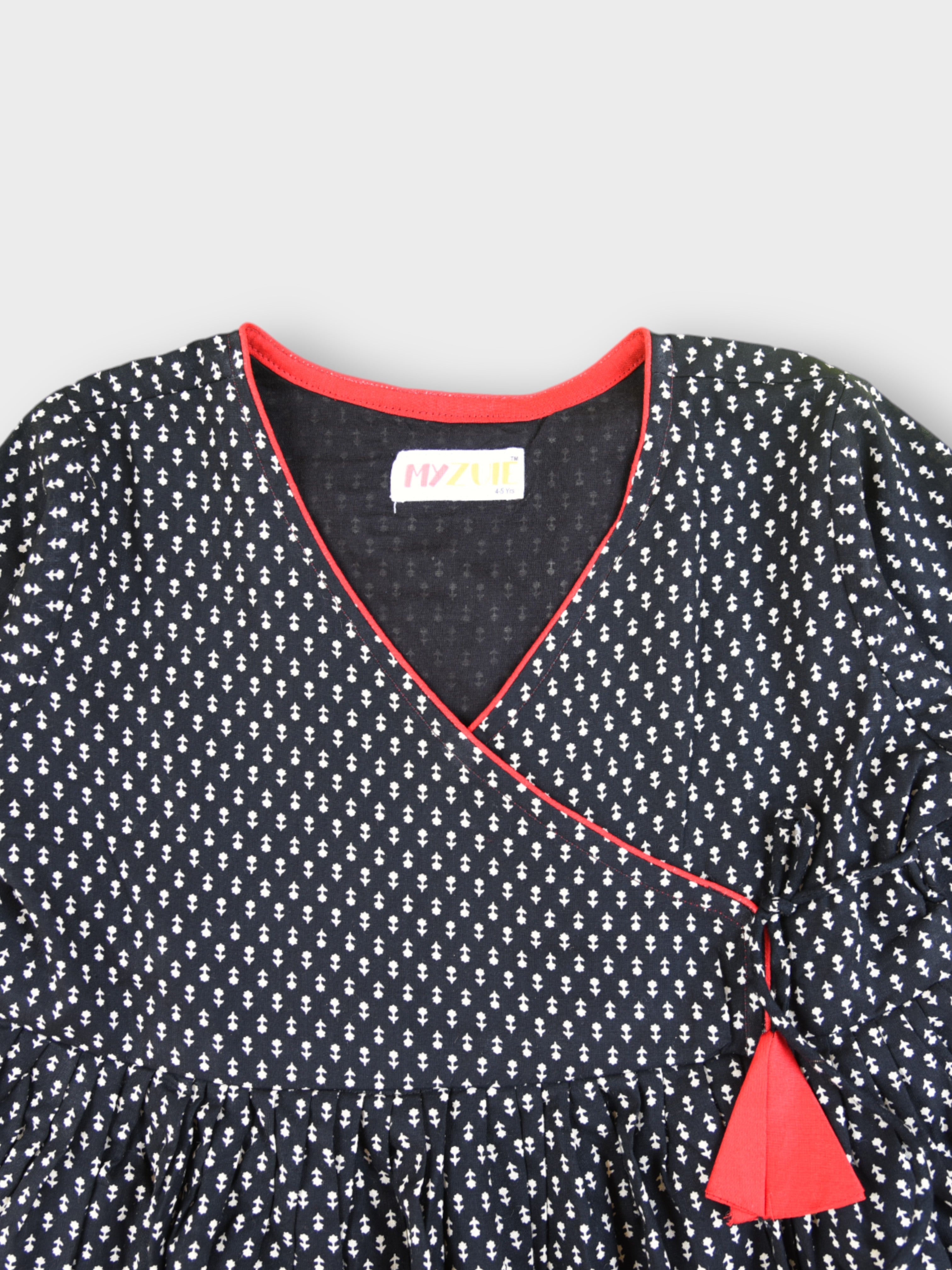 Girls Black Motif Tie Up V-Neck Angrakha Dress