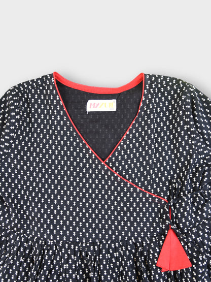 Girls Black Motif Tie Up V-Neck Angrakha Dress