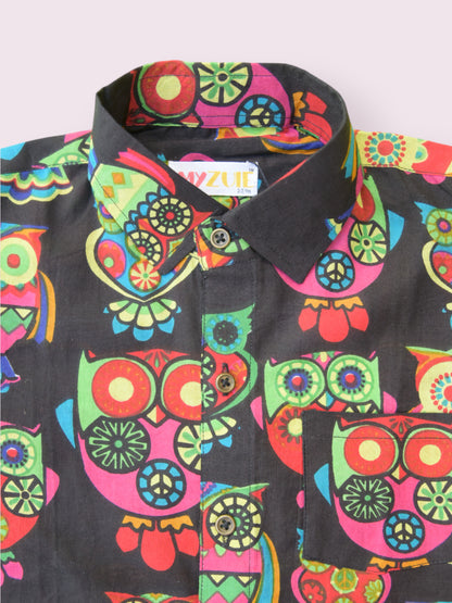 Boys Black Owl Full Sleeves Spread Collar Shirt