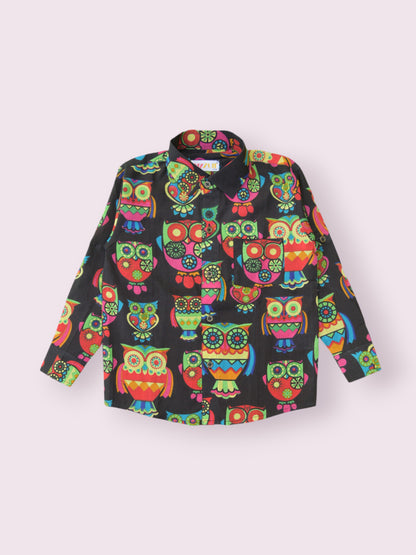 Boys Black Owl Full Sleeves Spread Collar Shirt
