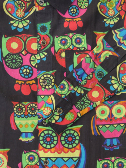 Boys Black Owl Full Sleeves Spread Collar Shirt
