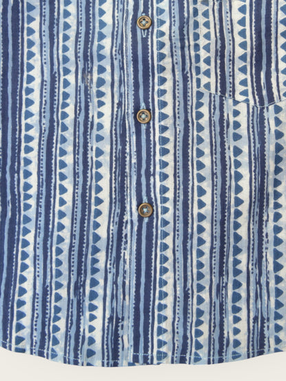 Boys Blue Triangles Full Sleeves Mandarin Collar Shirt