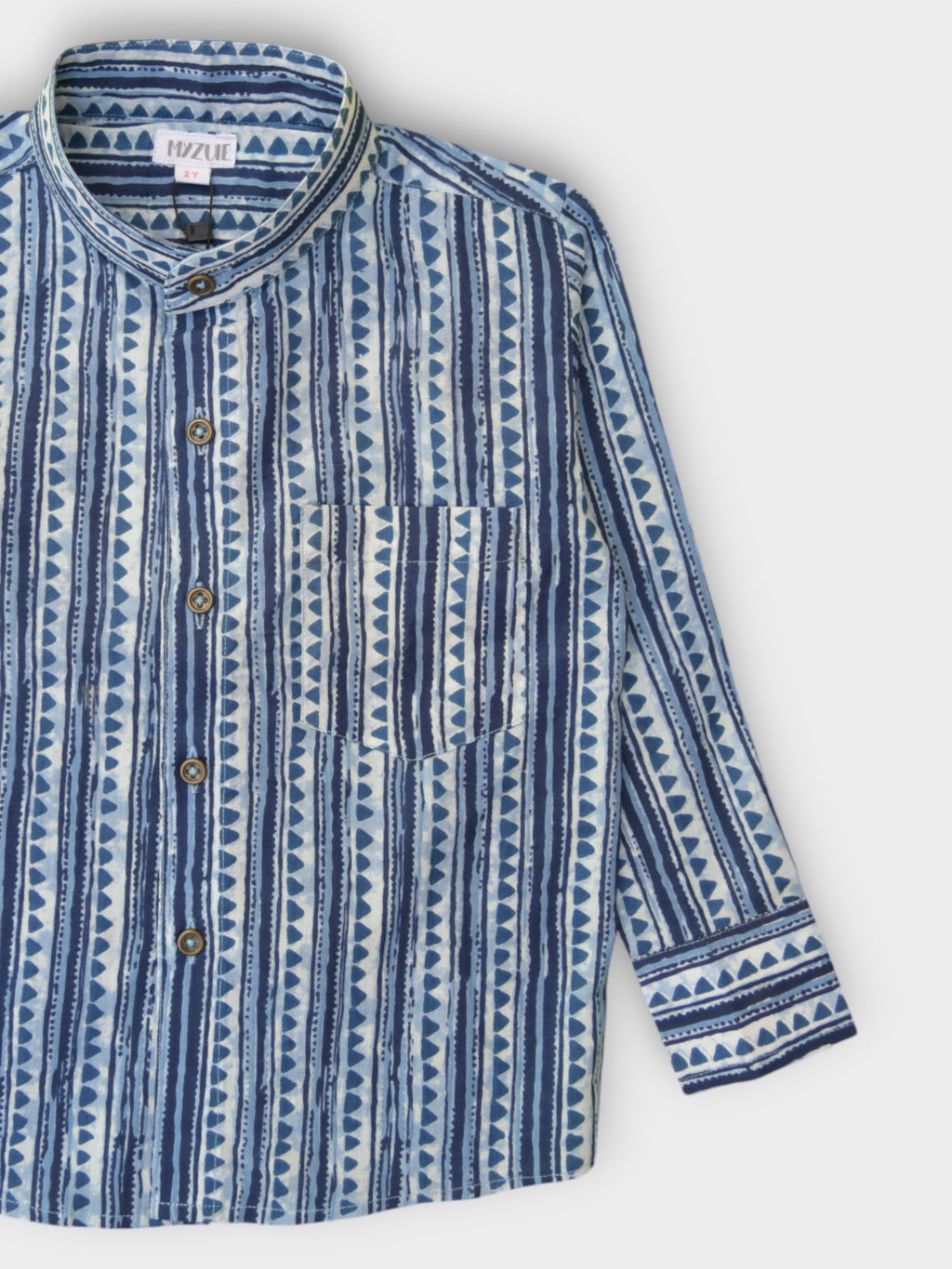 Boys Blue Triangles Full Sleeves Mandarin Collar Shirt