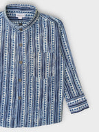 Boys Blue Triangles Full Sleeves Mandarin Collar Shirt