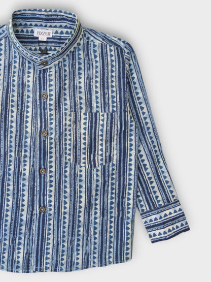 Boys Blue Triangles Full Sleeves Mandarin Collar Shirt