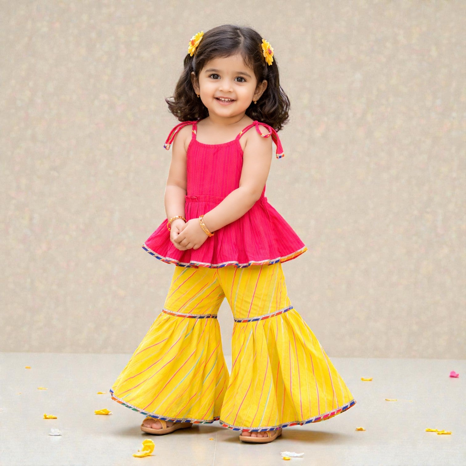 Magenta Kantha Tie up top With Yellow Leheriya Sharara set