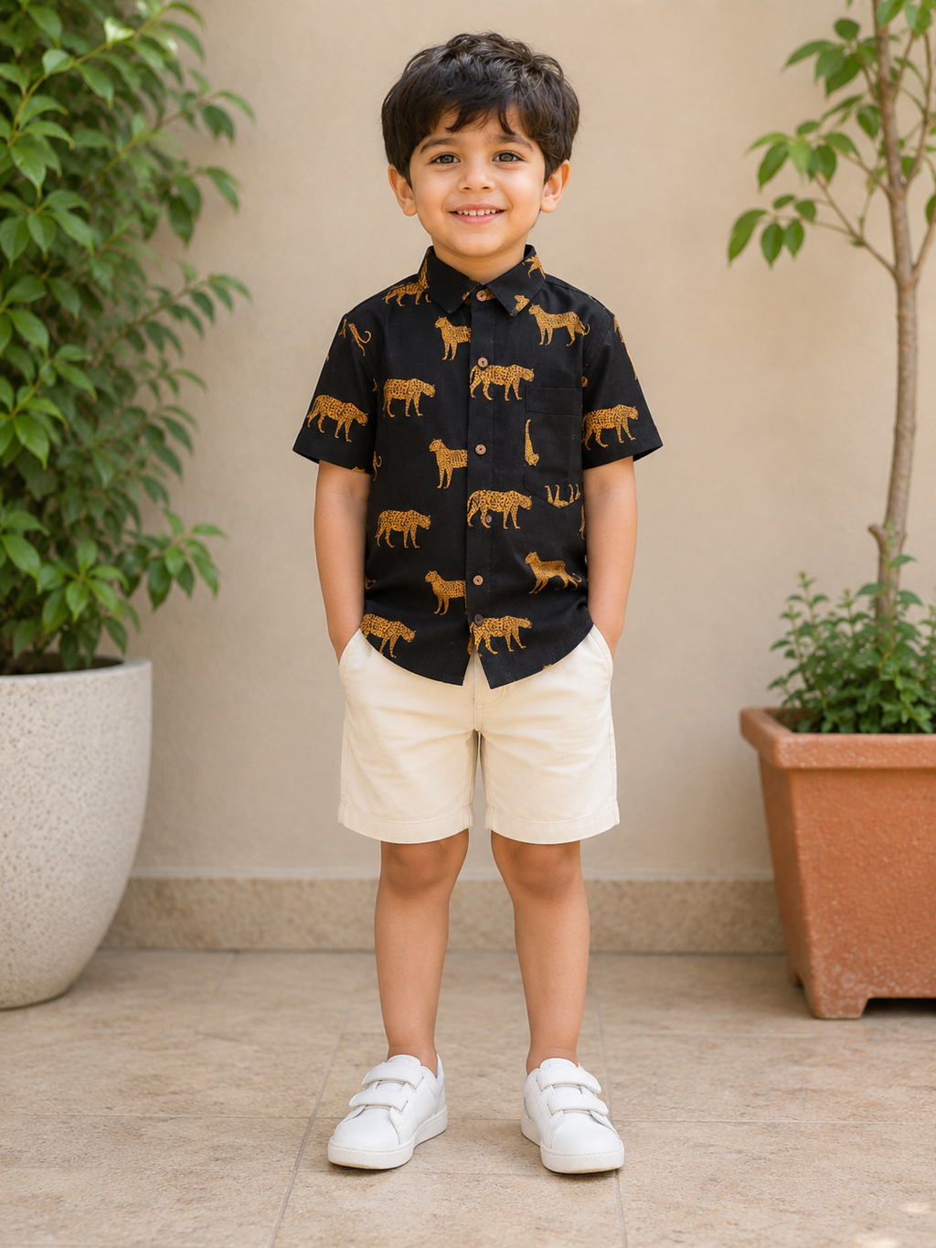Boys Black Jaguar Half Sleeves Spread Collar Shirt