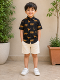Boys Black Jaguar Half Sleeves Spread Collar Shirt