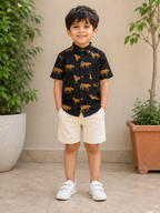 Boys Black Jaguar Half Sleeves Spread Collar Shirt