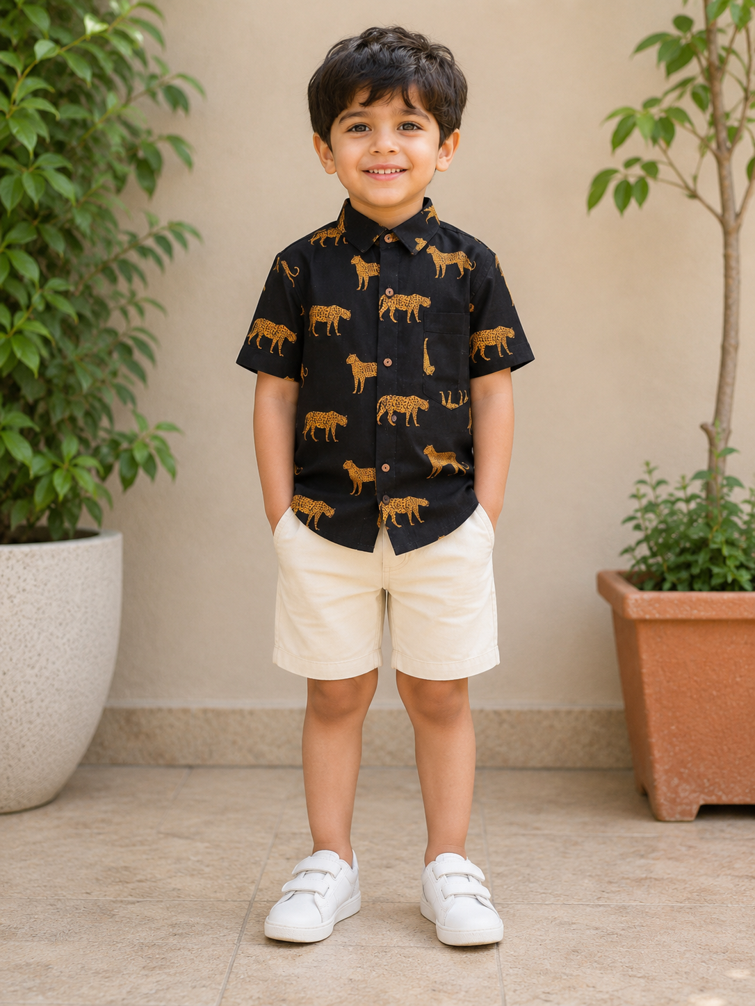 Boys Black Jaguar Half Sleeves Spread Collar Shirt