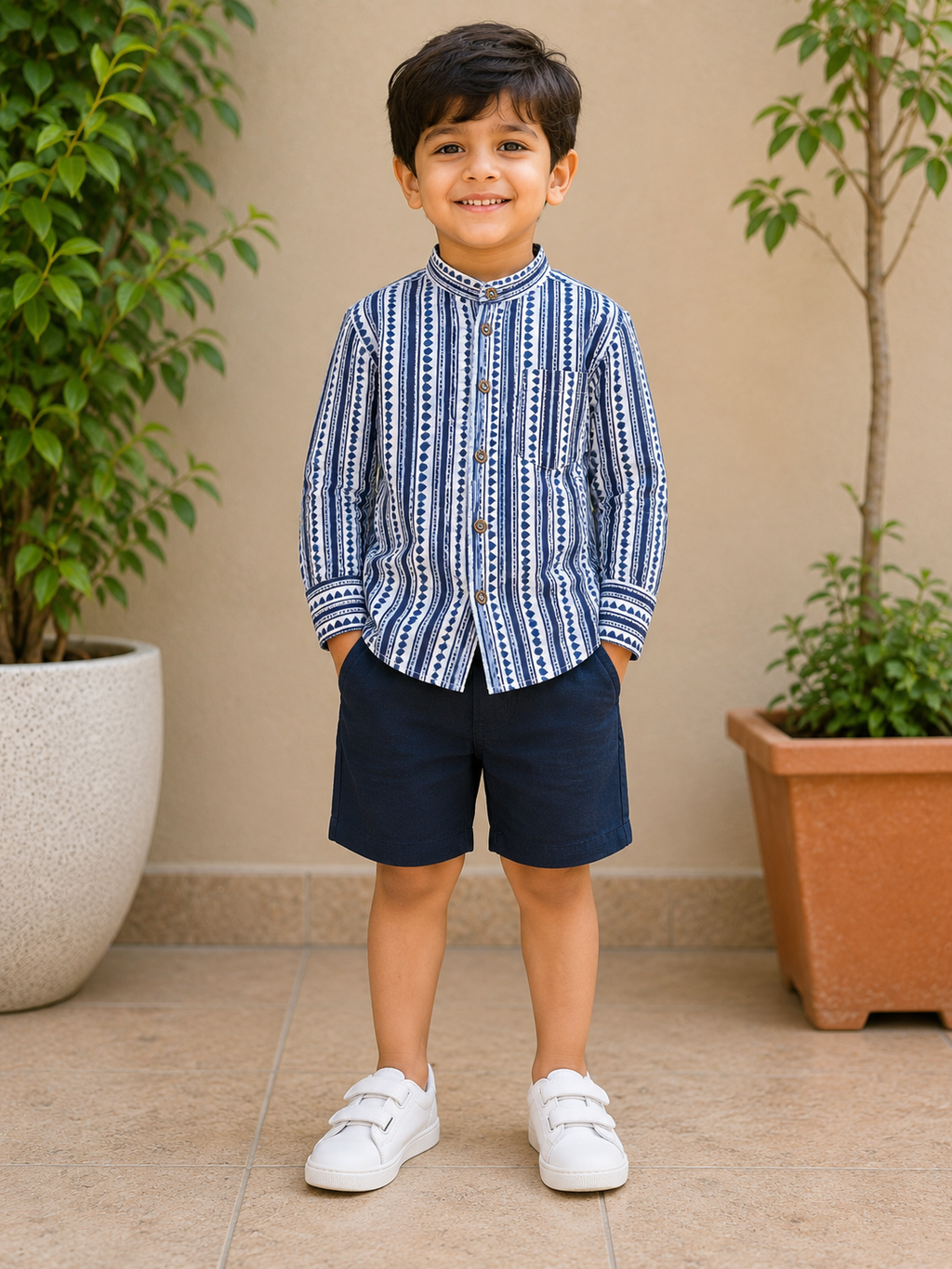 Boys Blue Triangles Full Sleeves Mandarin Collar Shirt