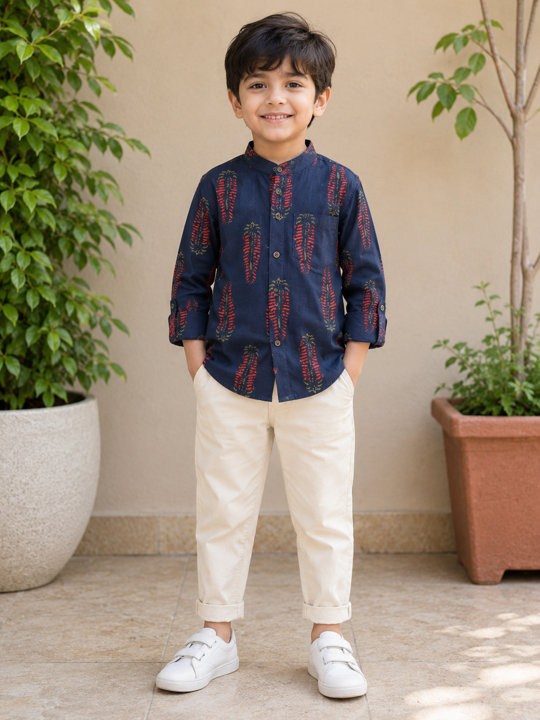 Boys Deep Blue Salvia Full Sleeves Mandarin Collar Shirt