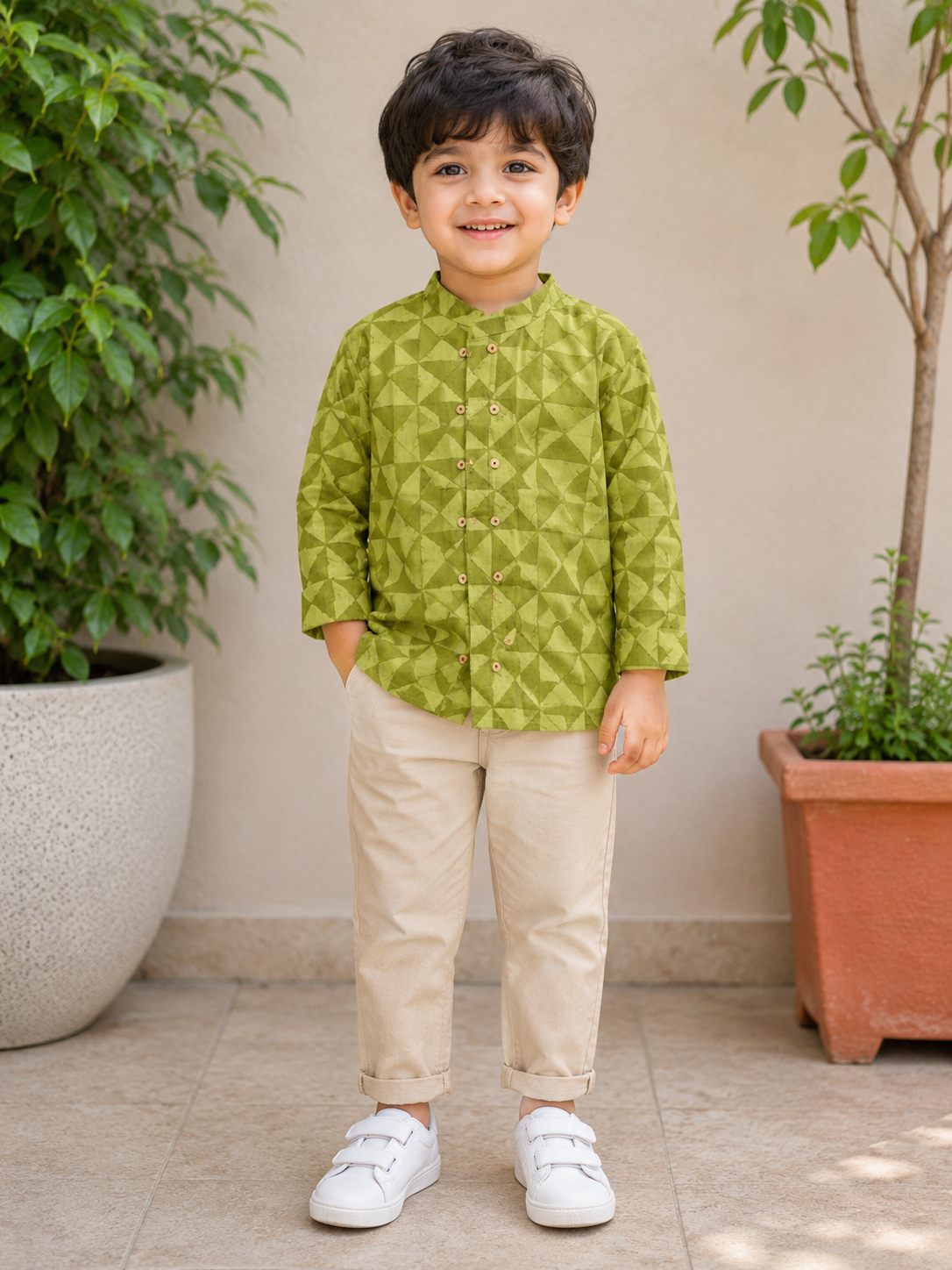 Boys Earthy Green Double Button Full Sleeves Mandarin Collar Shirt