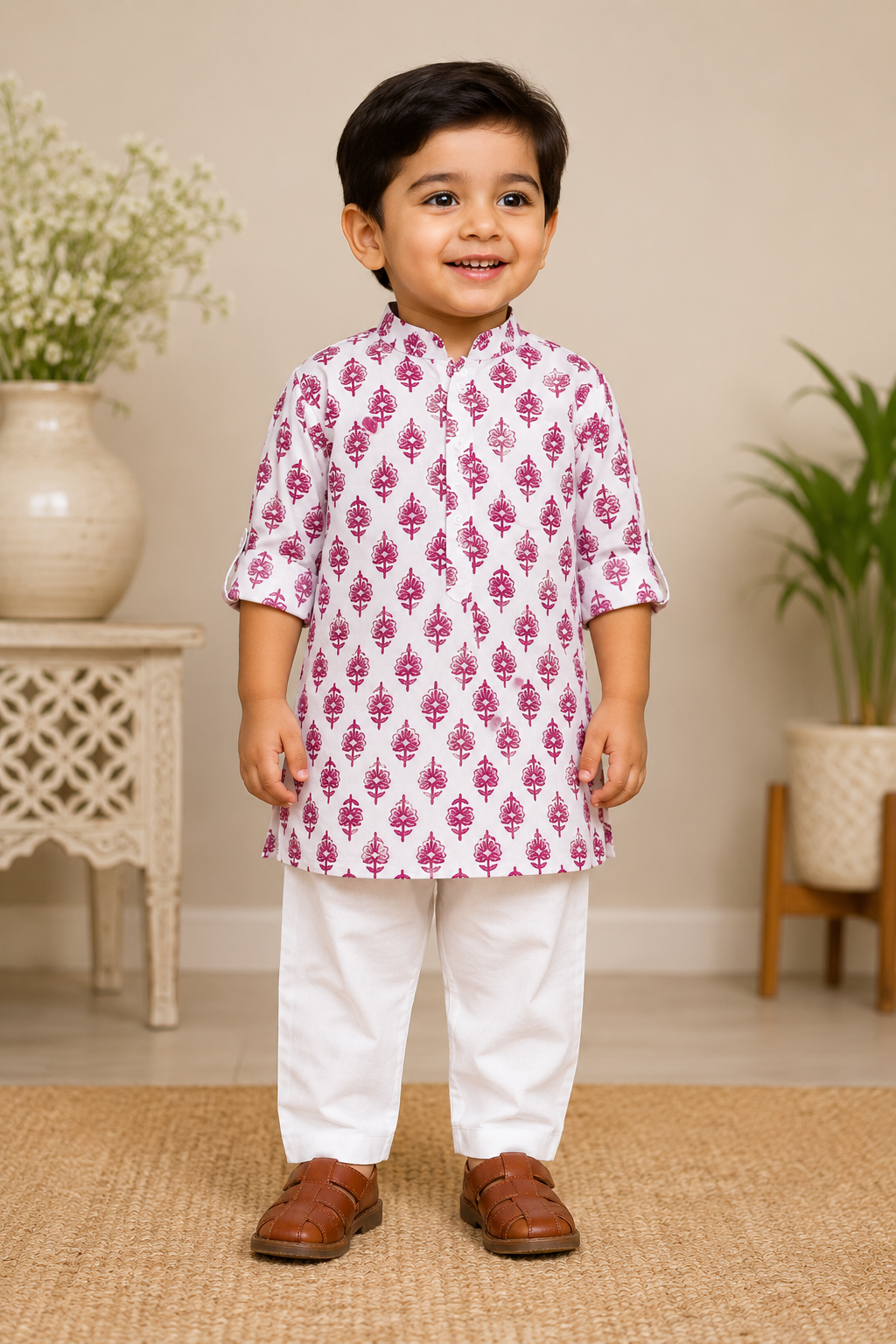 Boys Pink Floral Kurta Set