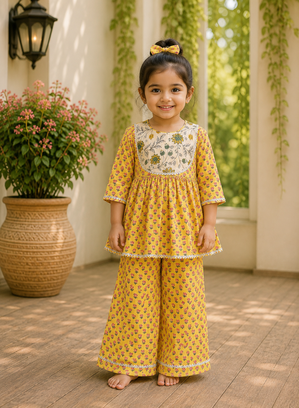 Girls Yellow Tulip Kurta Culottes Set