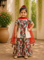 Girls Red Floral Kurta Sharara Set