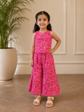 Girls Pink Faces Crop Top Flaired Pants Co-Ord Set