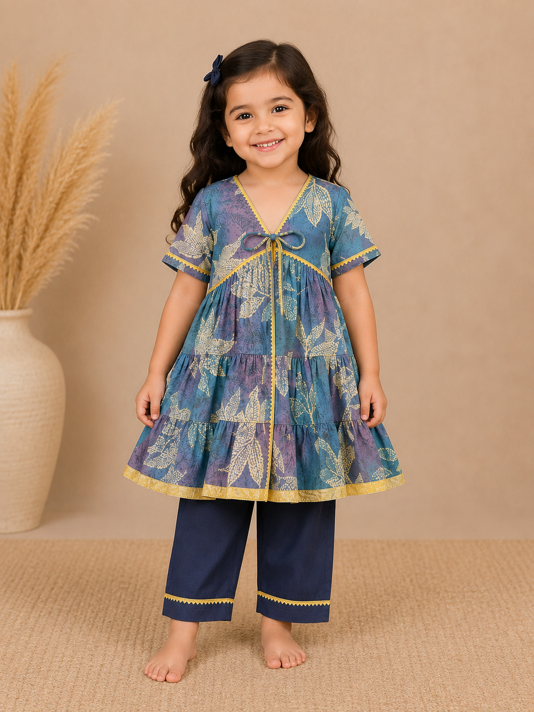 Girls Blue Chanderi Cotton Kurta Pants 3 Pc Set