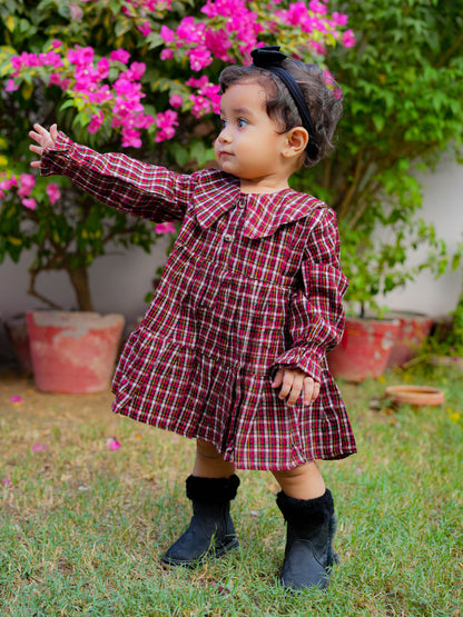 Girls Red White Checks Cotswool Tiered Dress