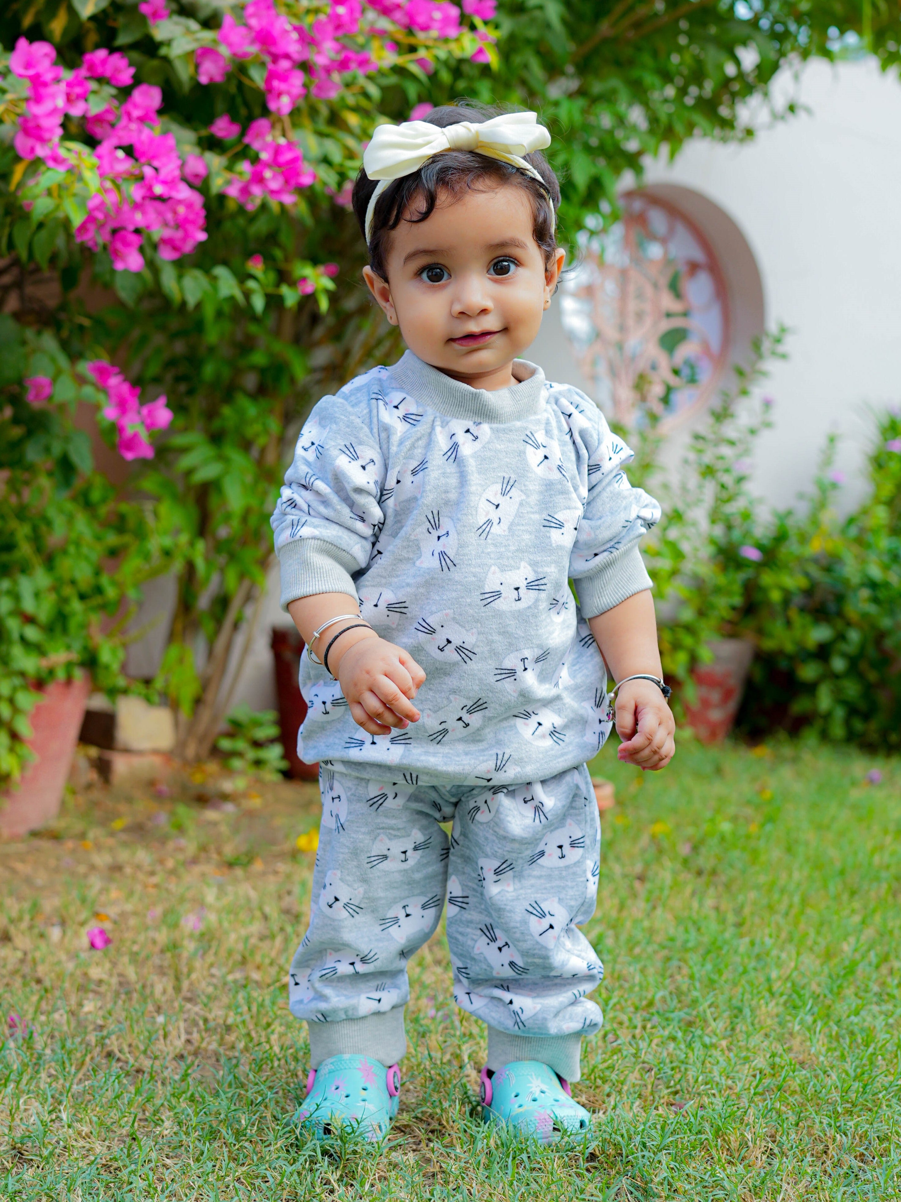 Kids Grey Cat Fleece Winter NightSet