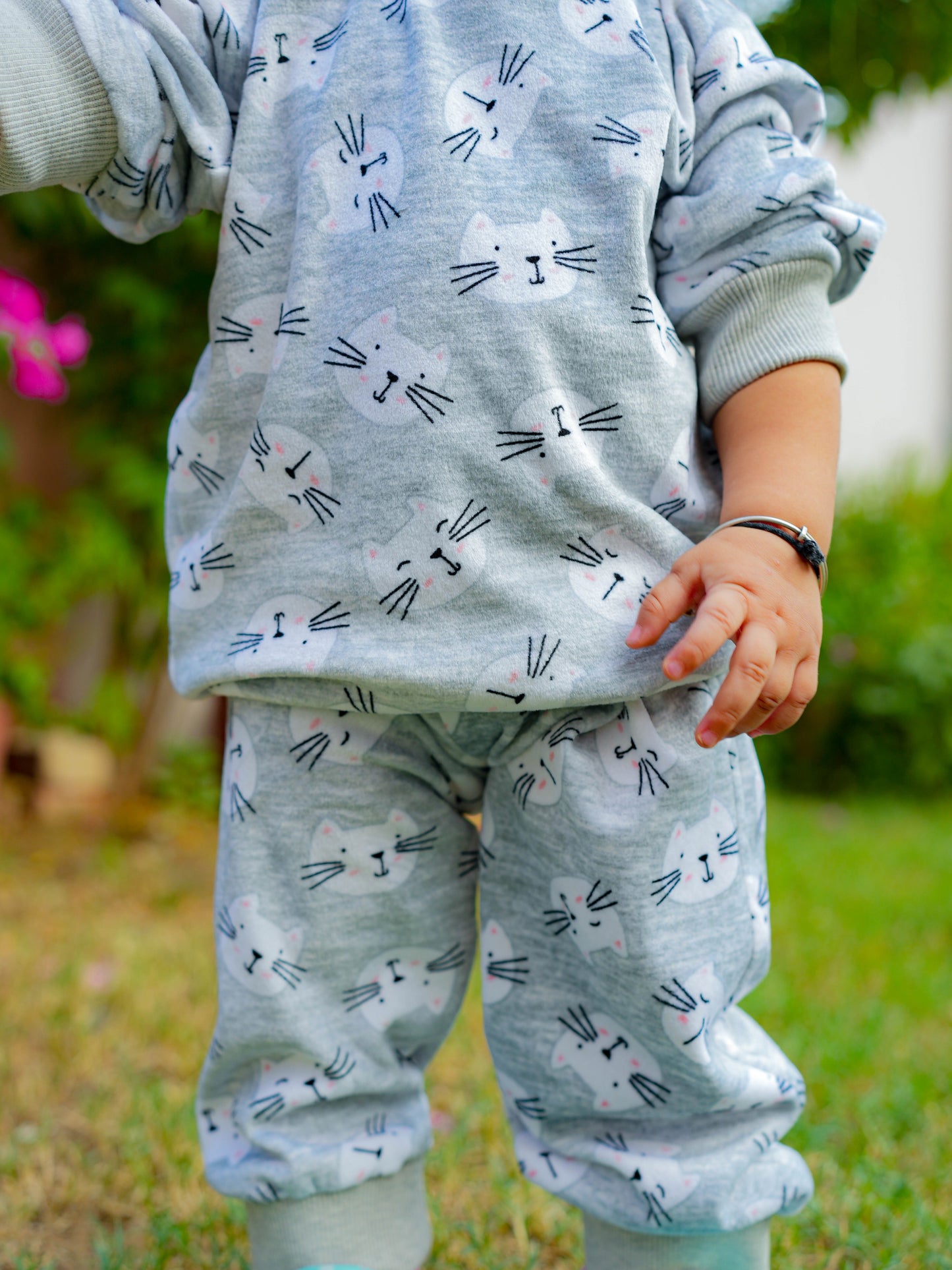 Kids Grey Cat Fleece Winter NightSet