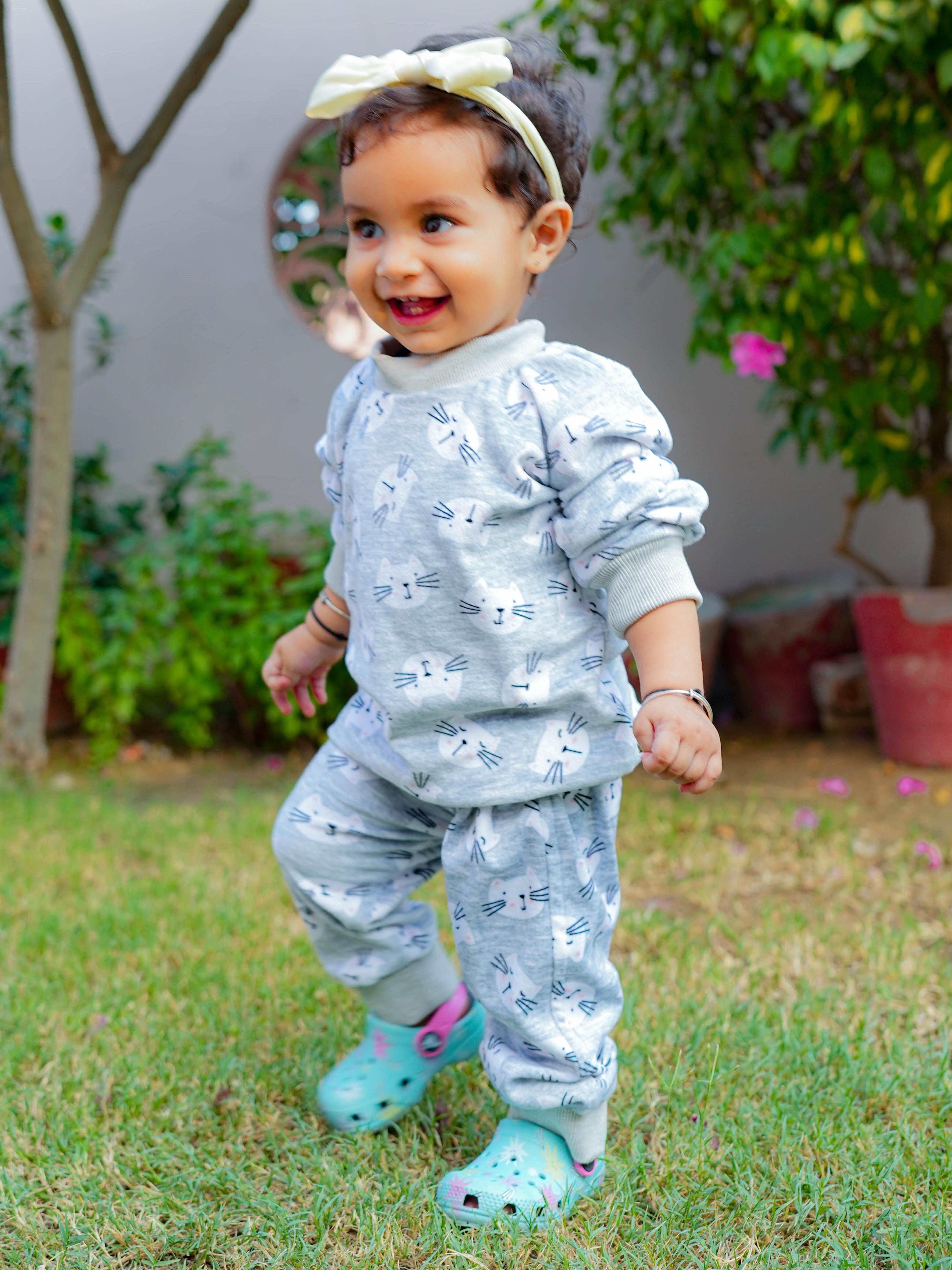 Kids Grey Cat Fleece Winter NightSet