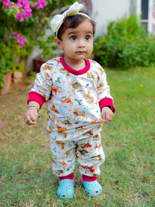 Kids White Reindeer Fleece Winter Night Suit