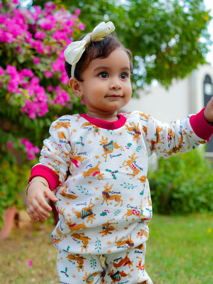 Kids White Reindeer Fleece Winter Night Suit