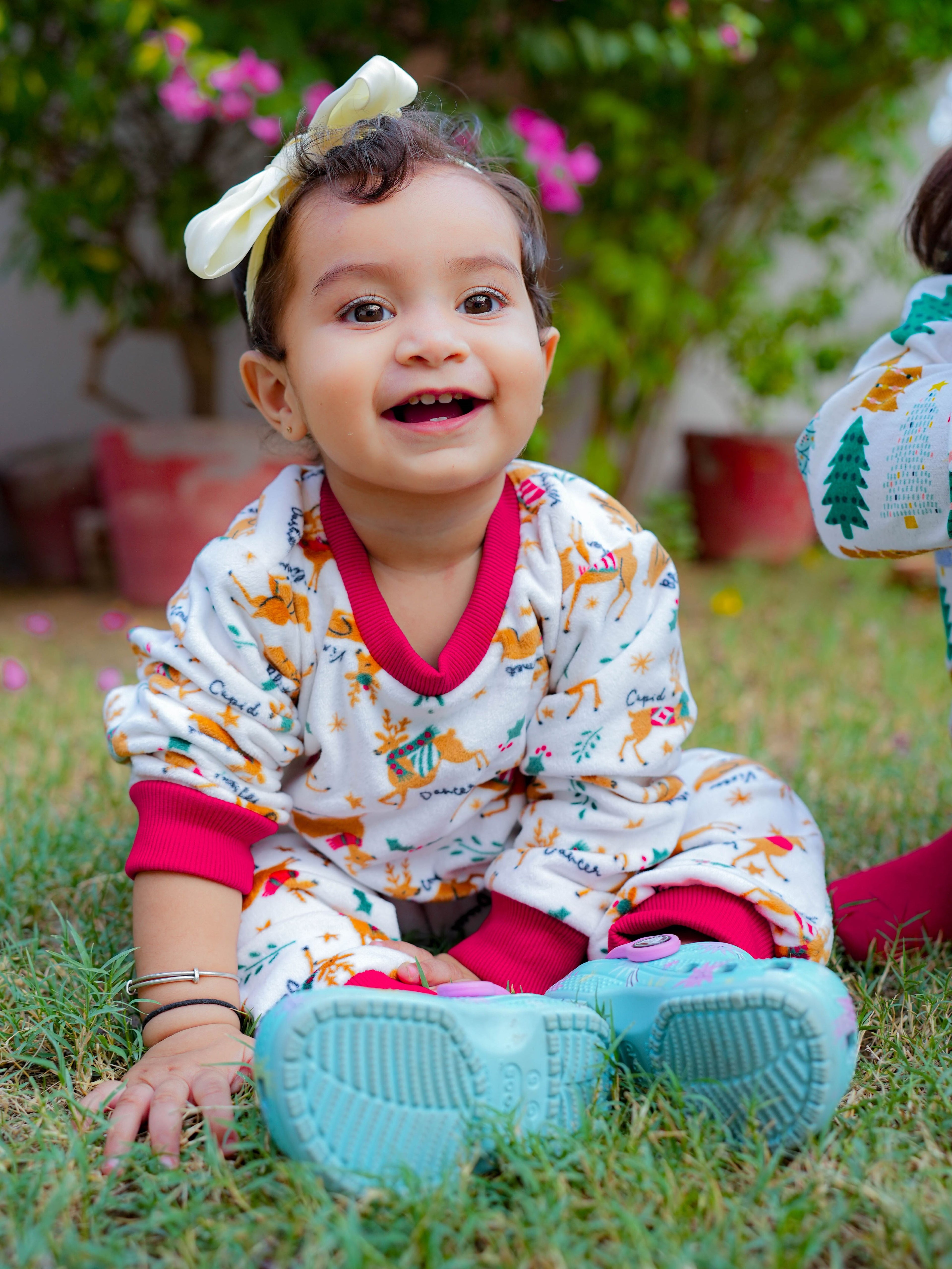 Kids White Reindeer Fleece Winter Night Suit