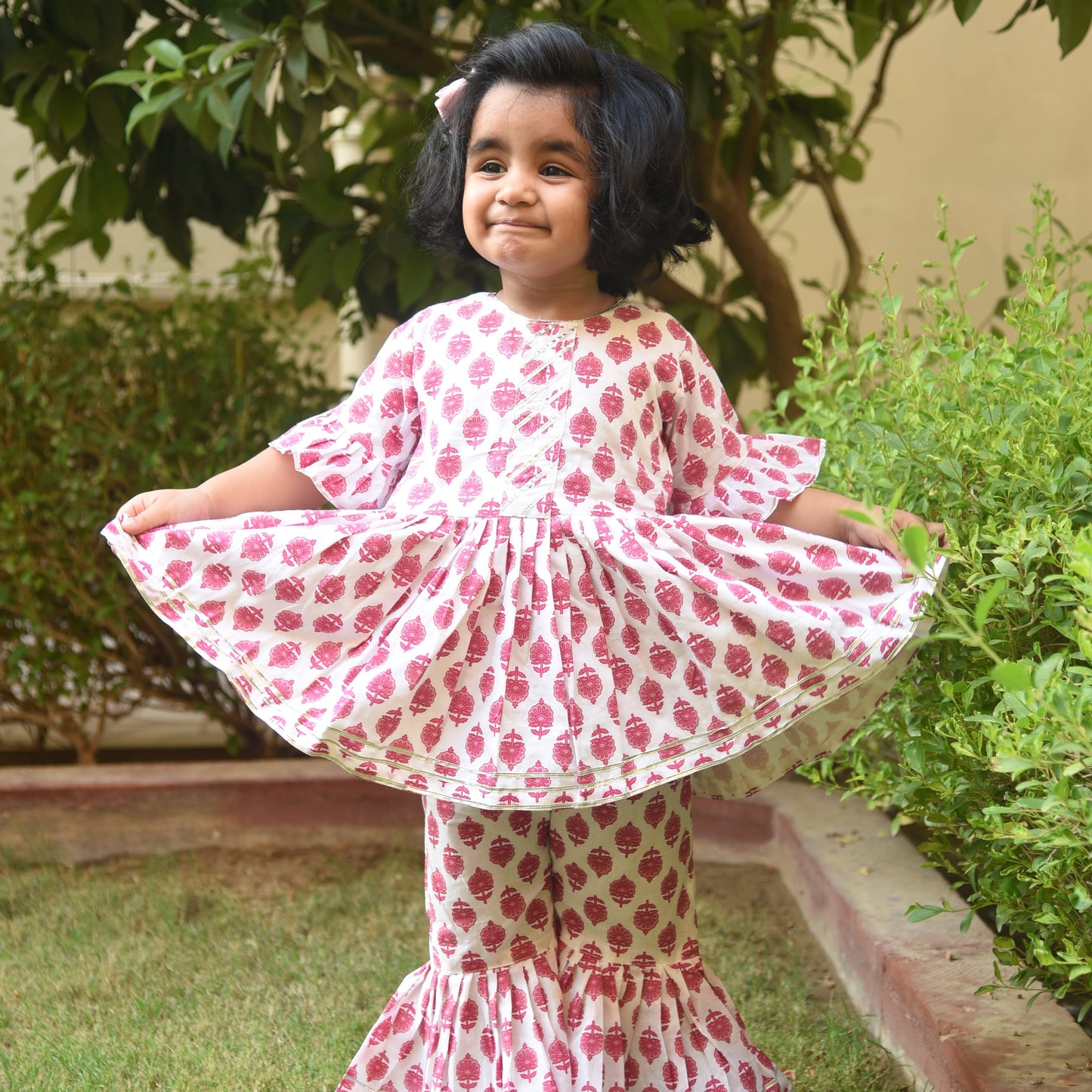 Girls Pink Motif Sharara Set