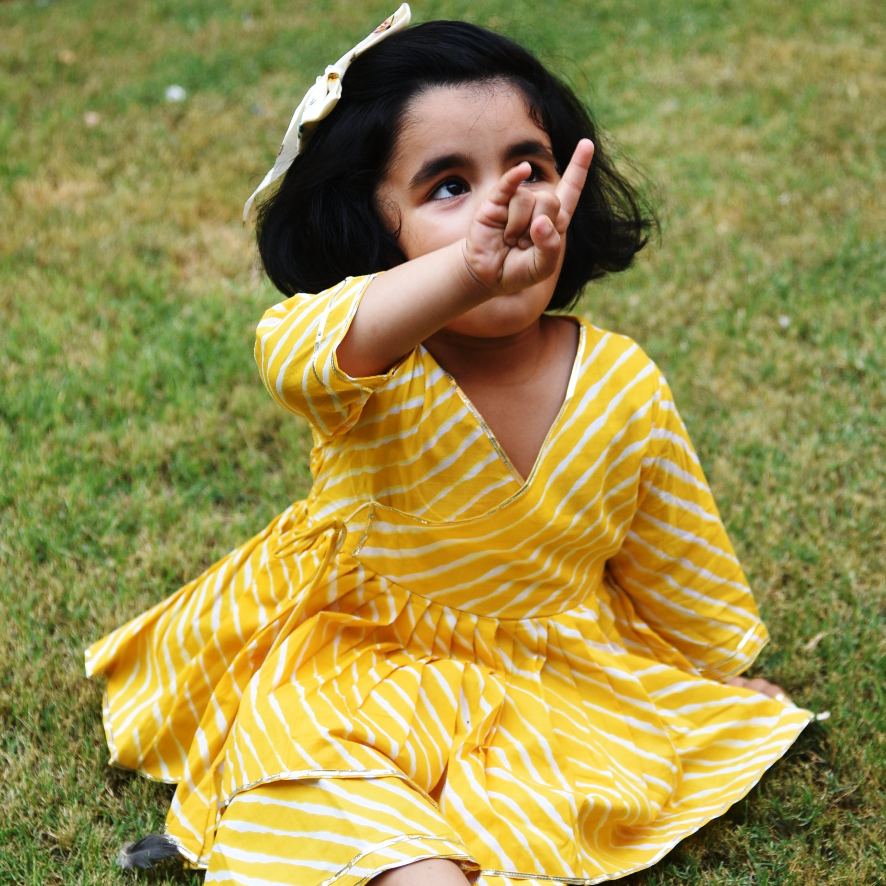 Girls Yellow Leheriya Angrakha Kurta Culottes Set